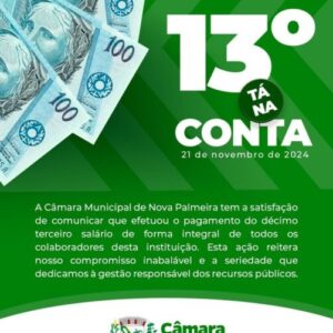 Câmara de Nova Palmeira antecipa 13° salário dos servidores