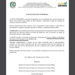 Gafe da FACET: Documento oficial do concurso de Nova Palmeira cita outra prefeitura por engano