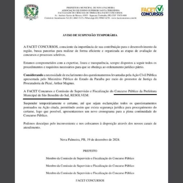 Gafe da FACET: Documento oficial do concurso de Nova Palmeira cita outra prefeitura por engano