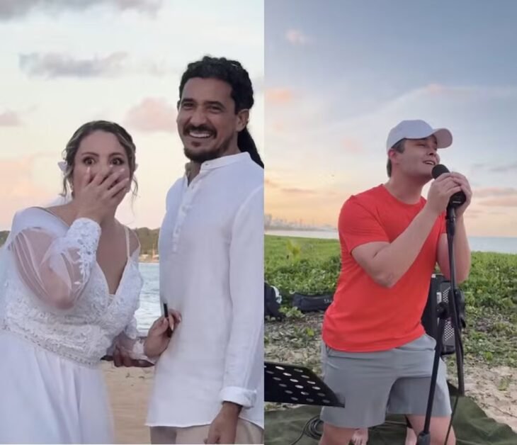 Matheus, da dupla com Kauan, faz surpresa e canta para noivos em casamento em João Pessoa