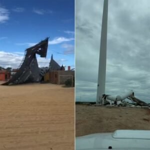 Ventania derruba cobertura de ginásio e parte de torre eólica em cidade do RN