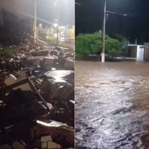 Chuva intensa causa desabamento de prédio e alaga ruas em Assú, no RN