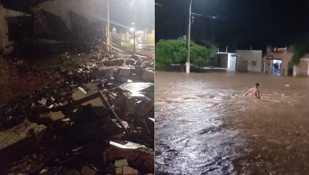 Chuva intensa causa desabamento de prédio e alaga ruas em Assú, no RN