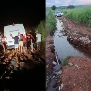 Idosa de 106 anos é transportada em rede até ambulância que atolou em estrada no RN
