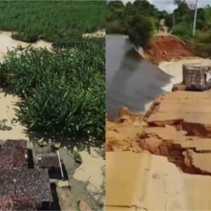Açude rompe e destrói estrada e plantações no interior do RN