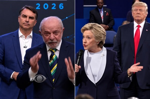 Tática de Flávio de se posicionar atrás de Lula no debate é comparada nas redes à de Trump contra Hillary